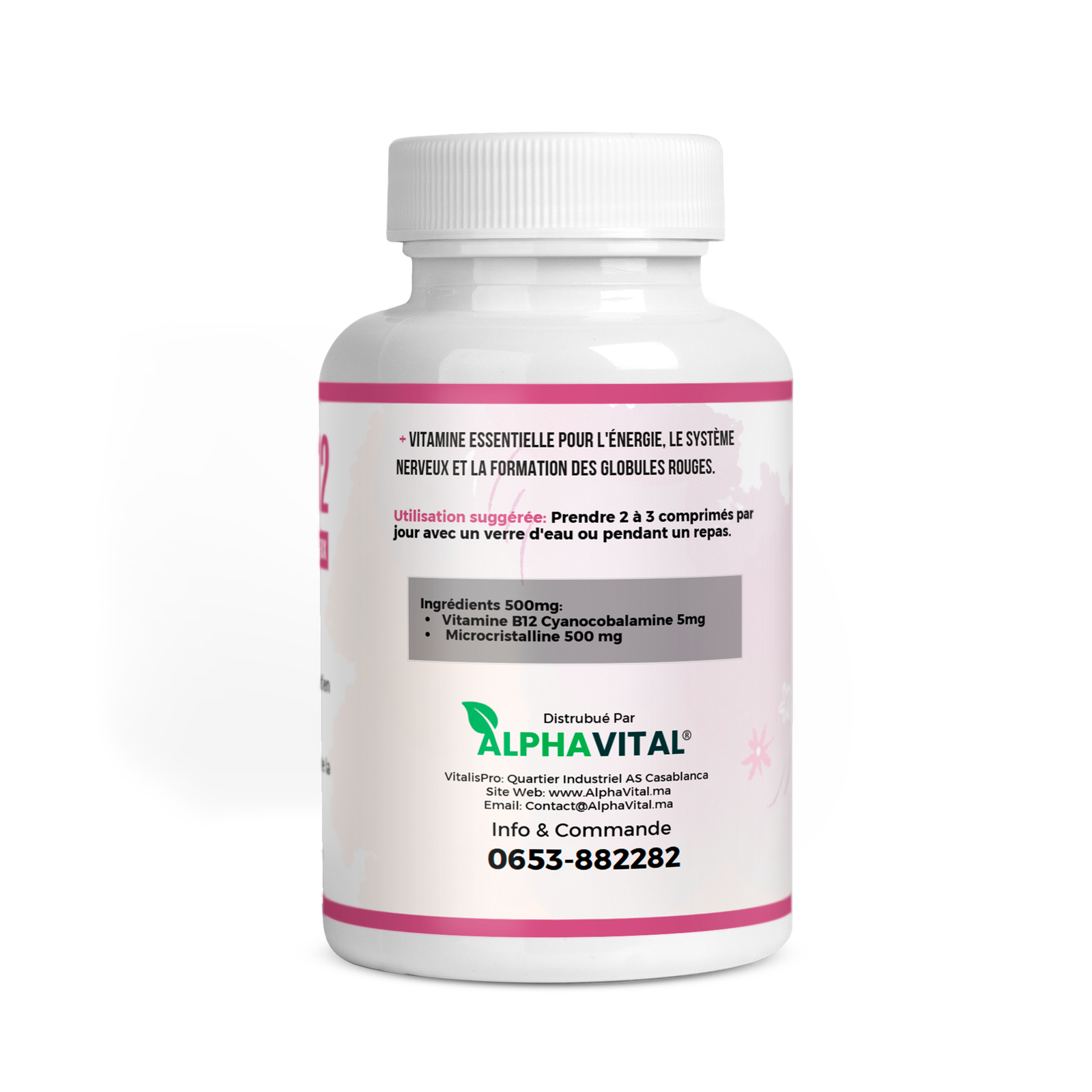 Vitamine B12 – Énergie, Système Nerveux & Santé du Sang (Cyanocobalamine) 2 Vitamine B12 – Énergie, Système Nerveux & Santé du Sang (Cyanocobalamine) - vue détaillée ingrédients | Alphavital Maroc